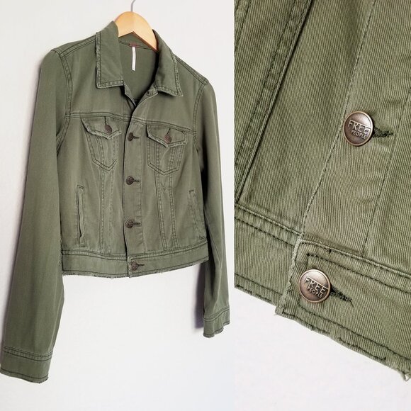 Free People Olive Army Green Distressed Crop Denim Jacket Size 4 100% Cotton - Picture 1 of 15